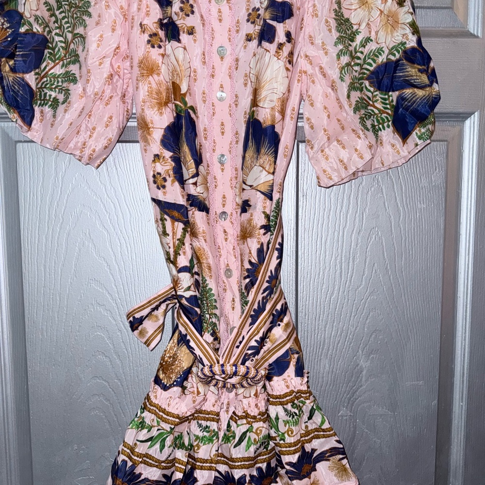 FARM Rio floral Pink with purple and Gold Chain Print puff sleeve mini dress